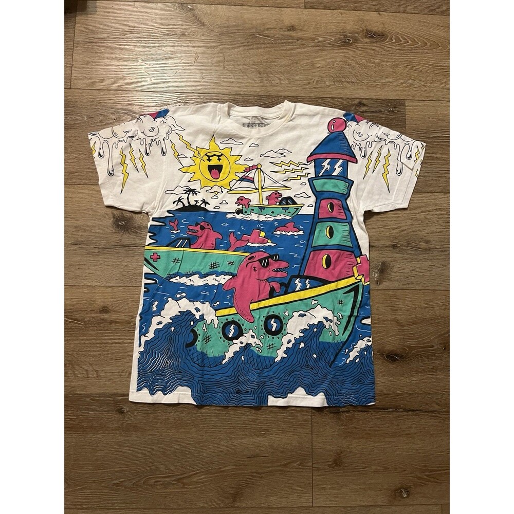 Pink Dolphin T-shirt Mens White Short Sleeve Back To Bay Sail Size Large